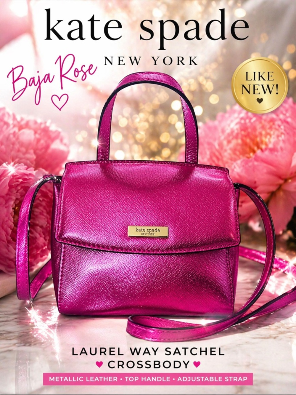 Kate Spade Laurel Way Baja Rose Metallic Satchel Crossbody Party Perfect